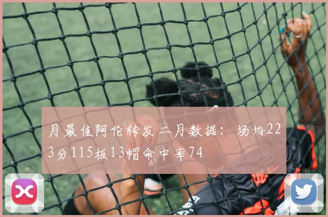 月最佳阿伦转发二月数据：场均223分115板13帽命中率74